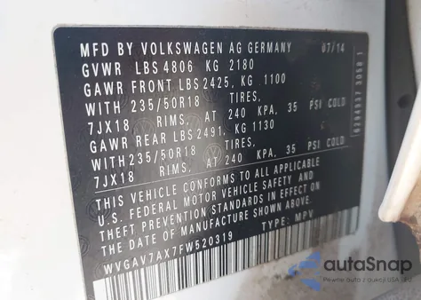 2015 Volkswagen Tiguan S/Se/Sel/R-Line из США, поврежденный, VIN WVGAV7AX7FW520319